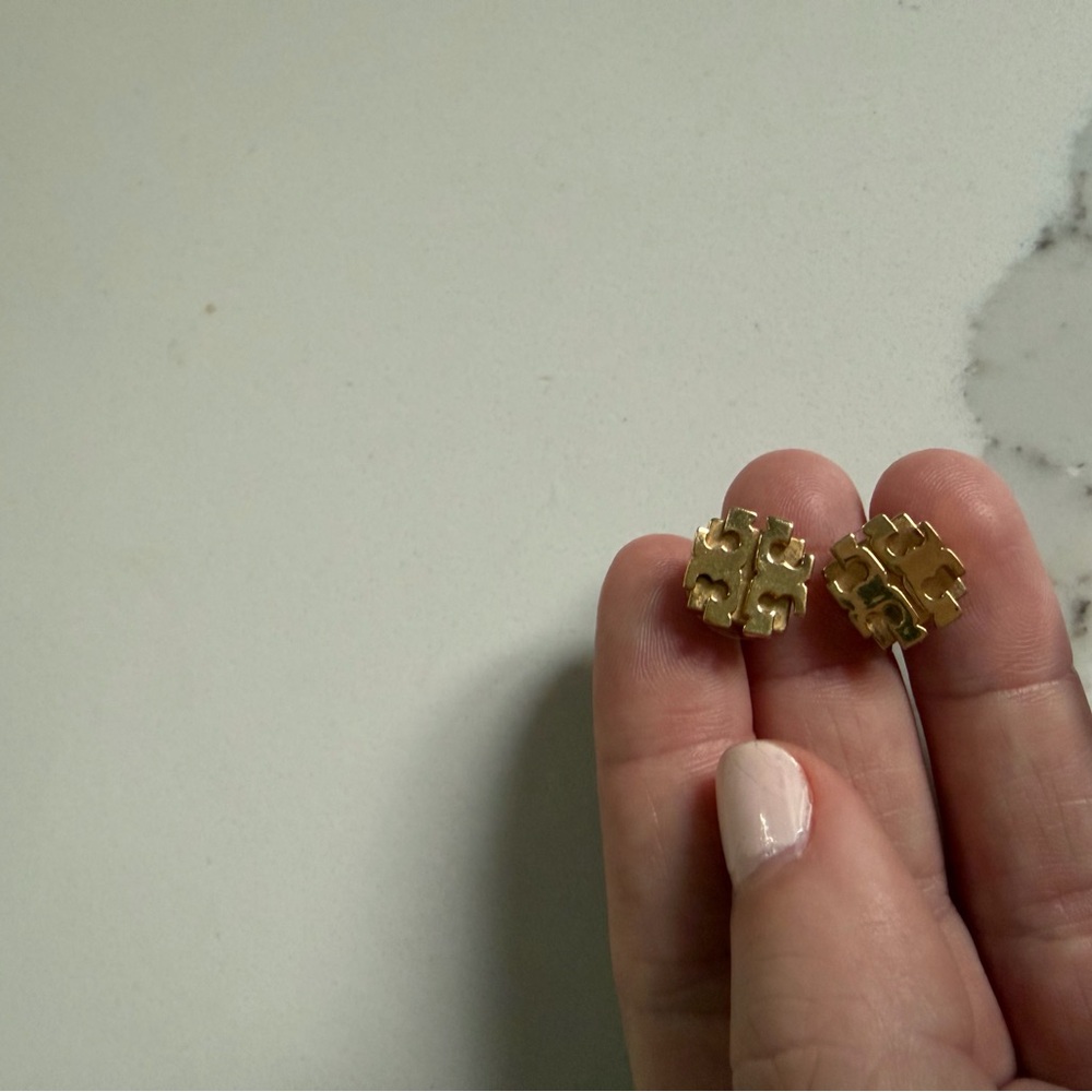 Tory Burch Gold Logo Stud Earrings - Picture 2 of 3